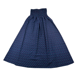 Sommerrock Lang mit elastischem Bund aus Polyester. Marineblau und Lila Muster.
