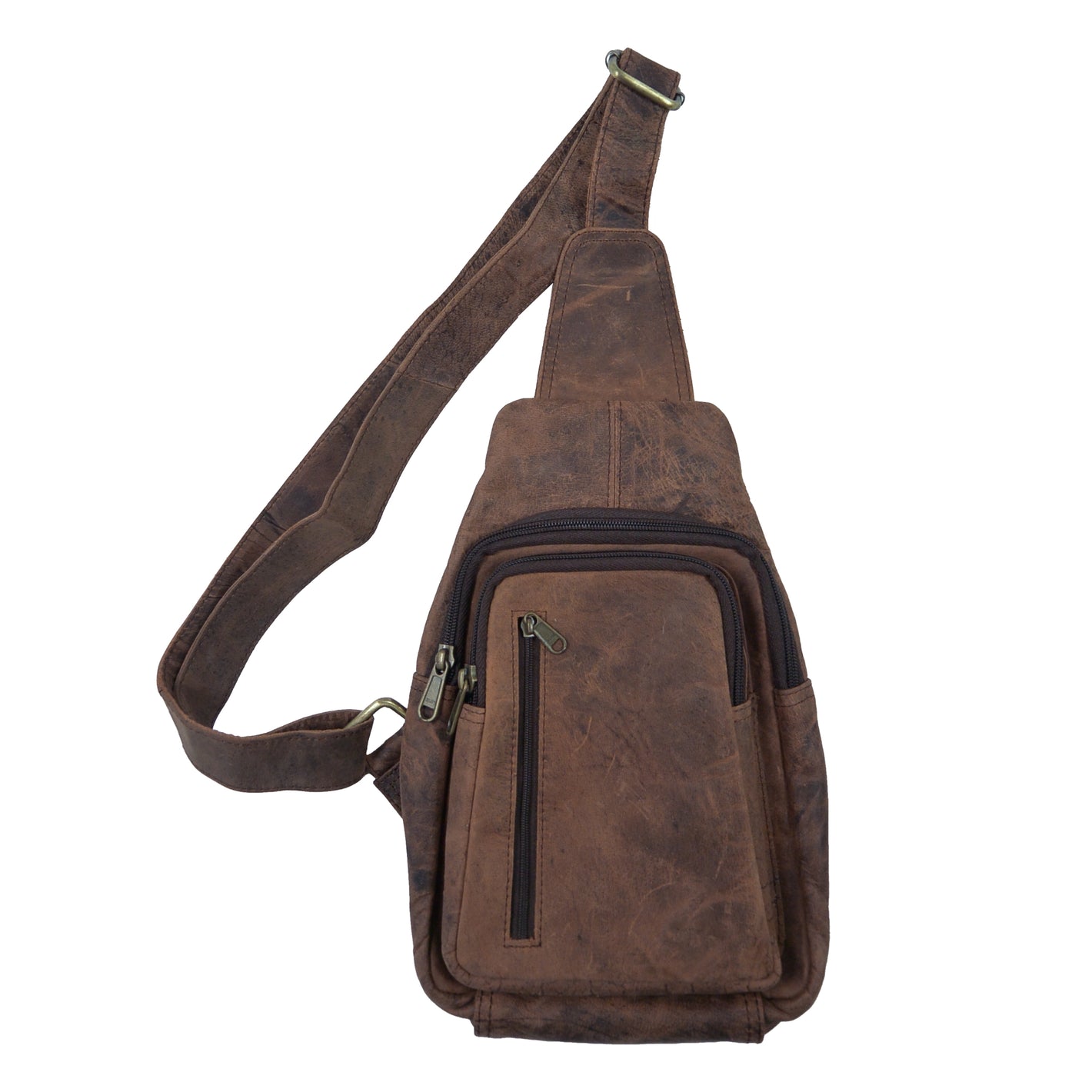 Kleiner Rucksack, Crossbodybag aus Vintage-Leder, Dunkelbraun. Ein Haubt-Reißverschlussfach mit aufgesetzter Tasche und Fronttasche mit Reißverschluss