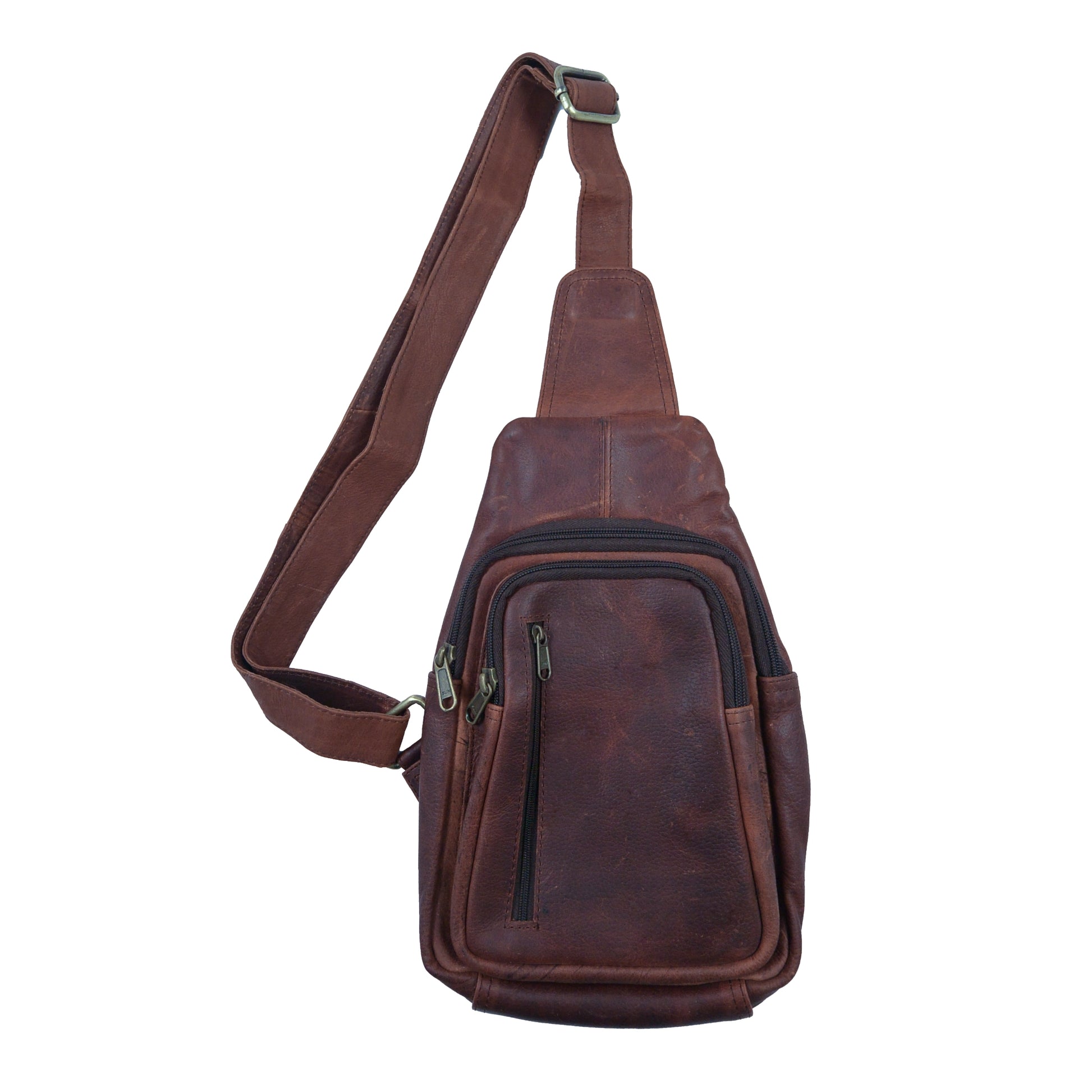 Kleiner Rucksack, Crossbodybag aus Vintage-Leder, rotbraun. Ein Hauptreißverschlussfach mit aufgesetzter Tasche und Fronttasche mit Reißverschluss.