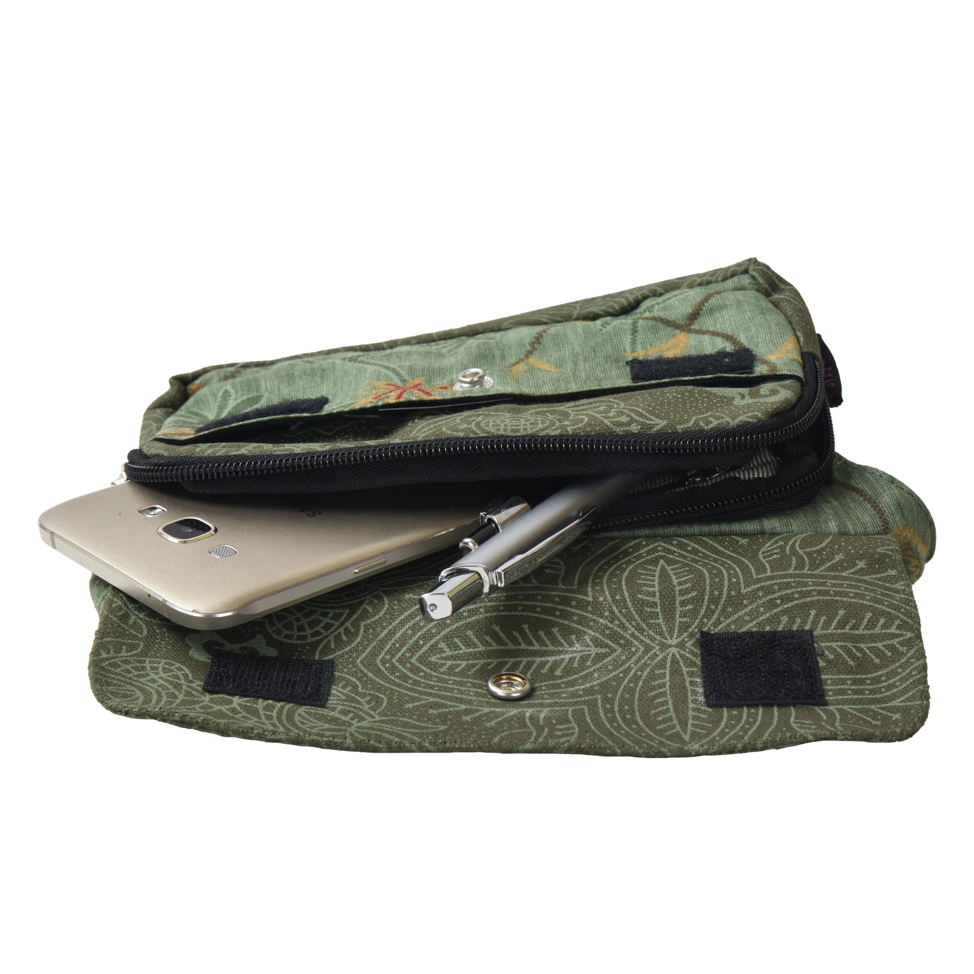 Nijens Bauchtasche Hippie Tasche in Khaki mit Orange Blumen. Innenansicht