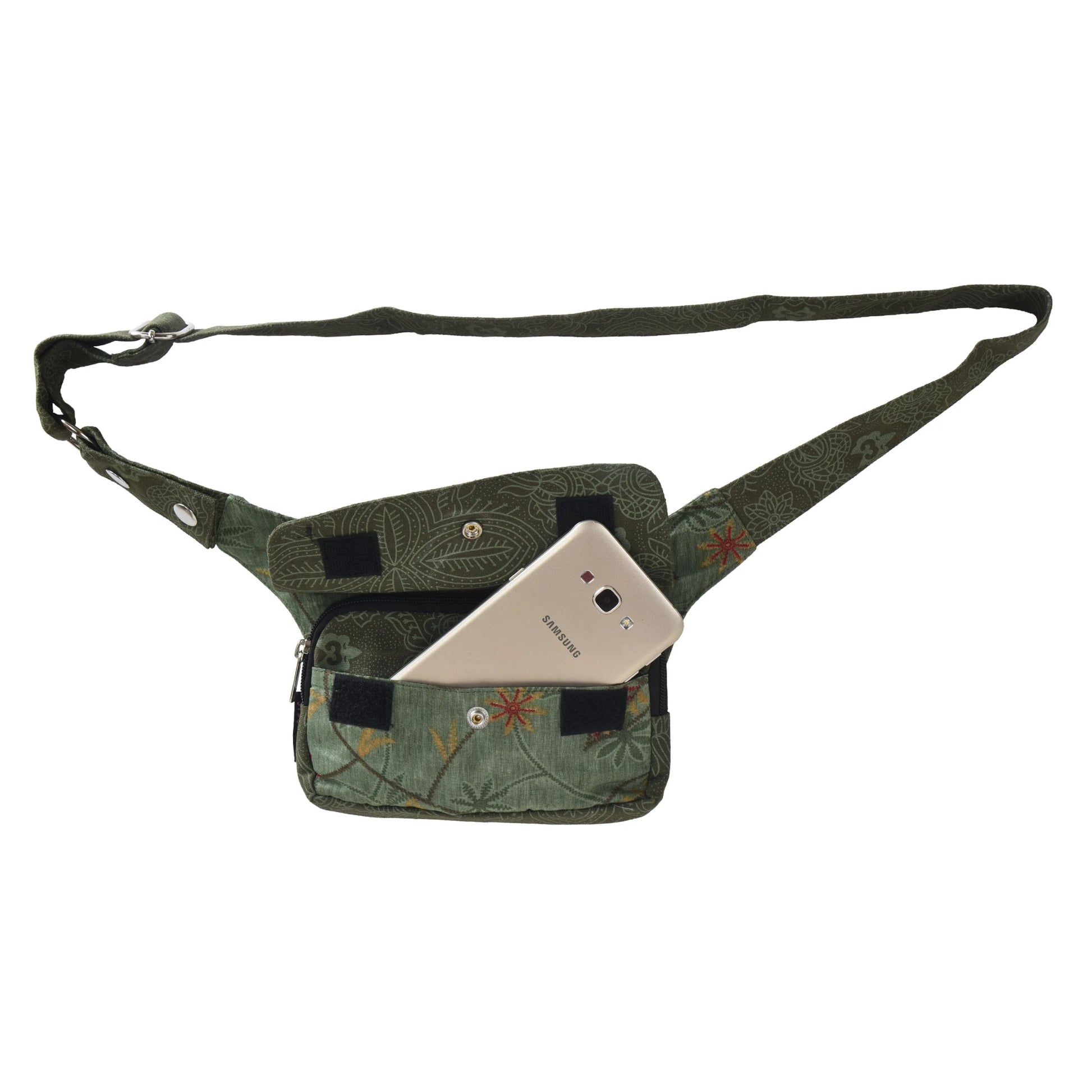 Nijens Bauchtasche Hippie Tasche in Khaki mit Orange Blumen mit Handyfach