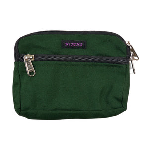 Kleine Beuteltasche für den Gürtel aus Polyester Grün mit zwei separaten Reißverschlussfächern sowie zwei Gürtelschlaufen.