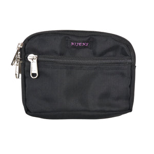 Kleine Beuteltasche für den Gürtel aus Polyester Schwarz mit zwei separaten Reißverschlussfächern sowie zwei Gürtelschlaufen.