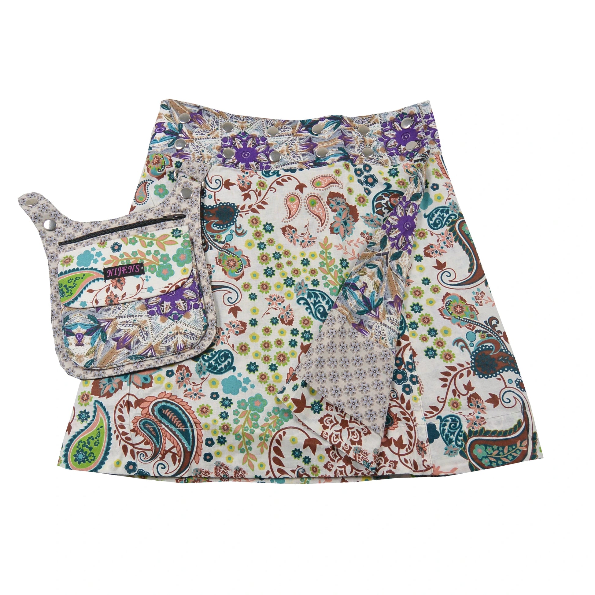 Kinderrock zum wenden, Wenderock aus Baumwolle Weiß, Grün mit Blumenmuster, Paisley und abnehmbarer Taschen.