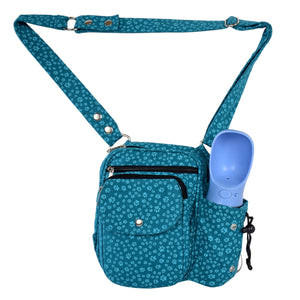 Bauchtasche mit süßem Pfotendesign in Türkis, mehreren Fächern und Halterung für eine Trinkflasche – perfekt für Hundebesitzer.