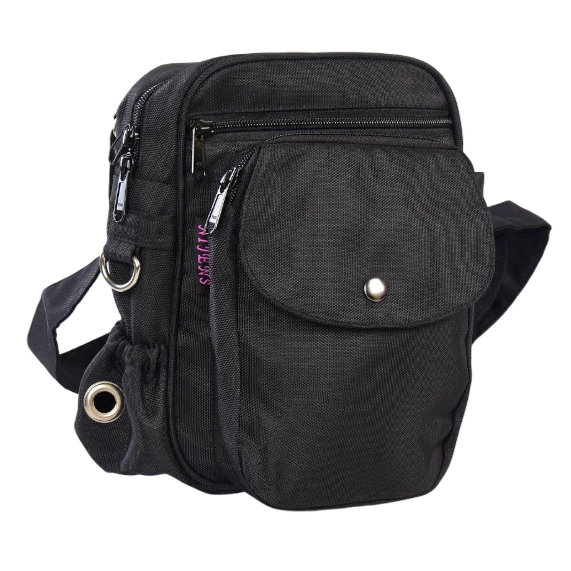 Wasserabweisende Gassi-Tasche in Schwarz mit Kotbeutelspender. 