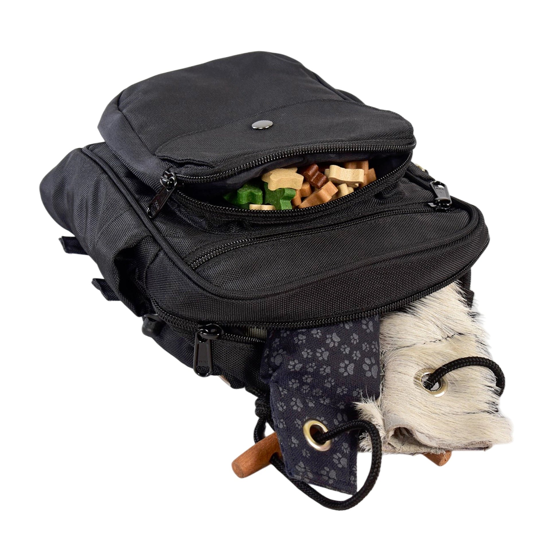 Schwarze Gassi-Tasche mit Flaschenhalter für deinen Hund,
2 Fächern für Leckerlis & Kotbeutelspender. Nijens Shop