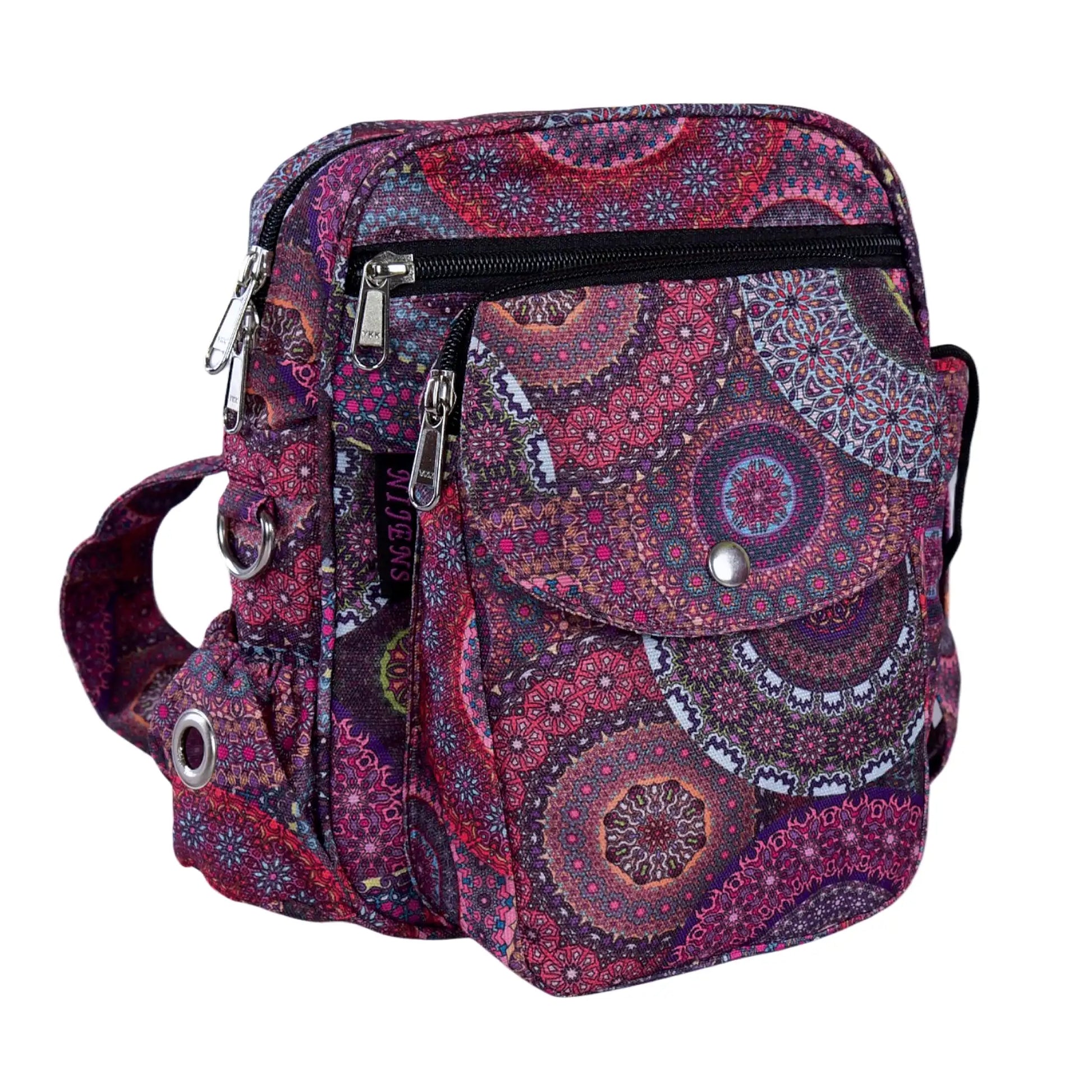 Farbenfrohe Gassitasche im lila-roten Mandala Design von Nijens mit seitlichem extra Fach und Öse für Kotbeutel - Konstanz 71082 Nijens Shop