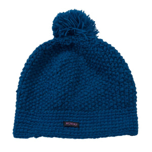 Bommelmütze, lange Wollmütze mit Bommel aus Schurwolle, in Blau.