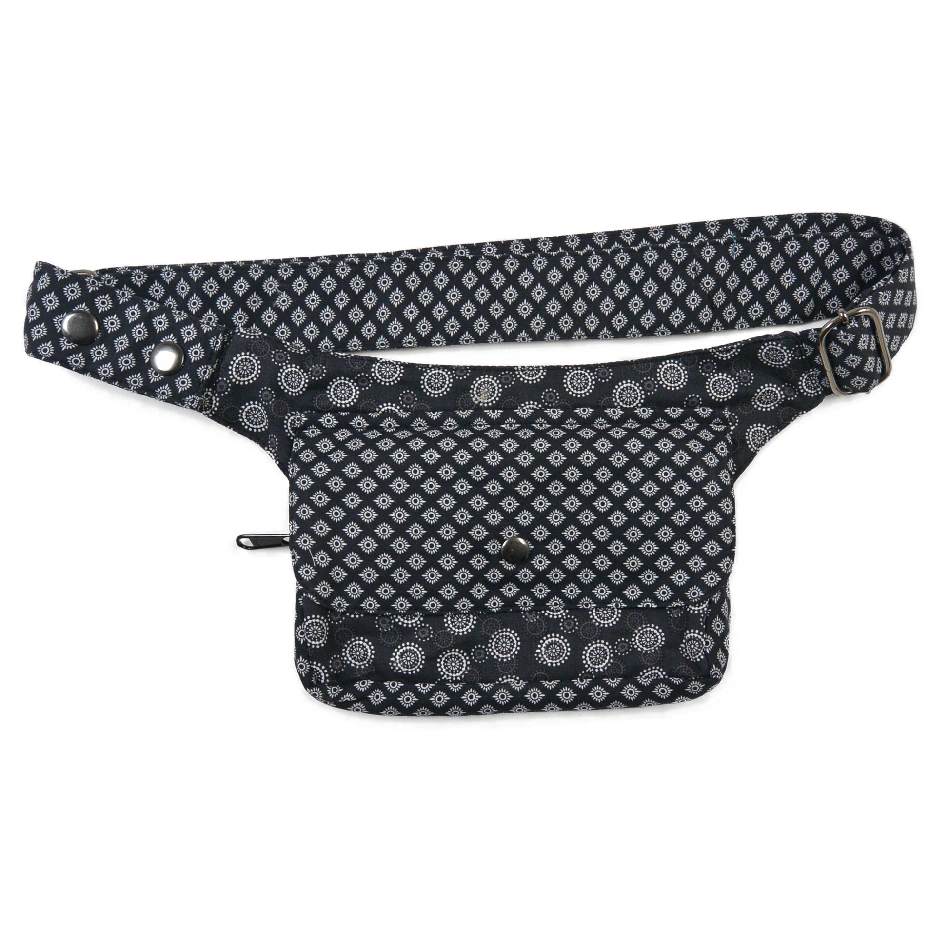 Nijens Bauchtasche aus 100% Baumwolle in Grau-Schwarz mit weißem Muster, Frontansicht mit aufgesetztem Reißverschlussfach und verstellbarem Gurt.