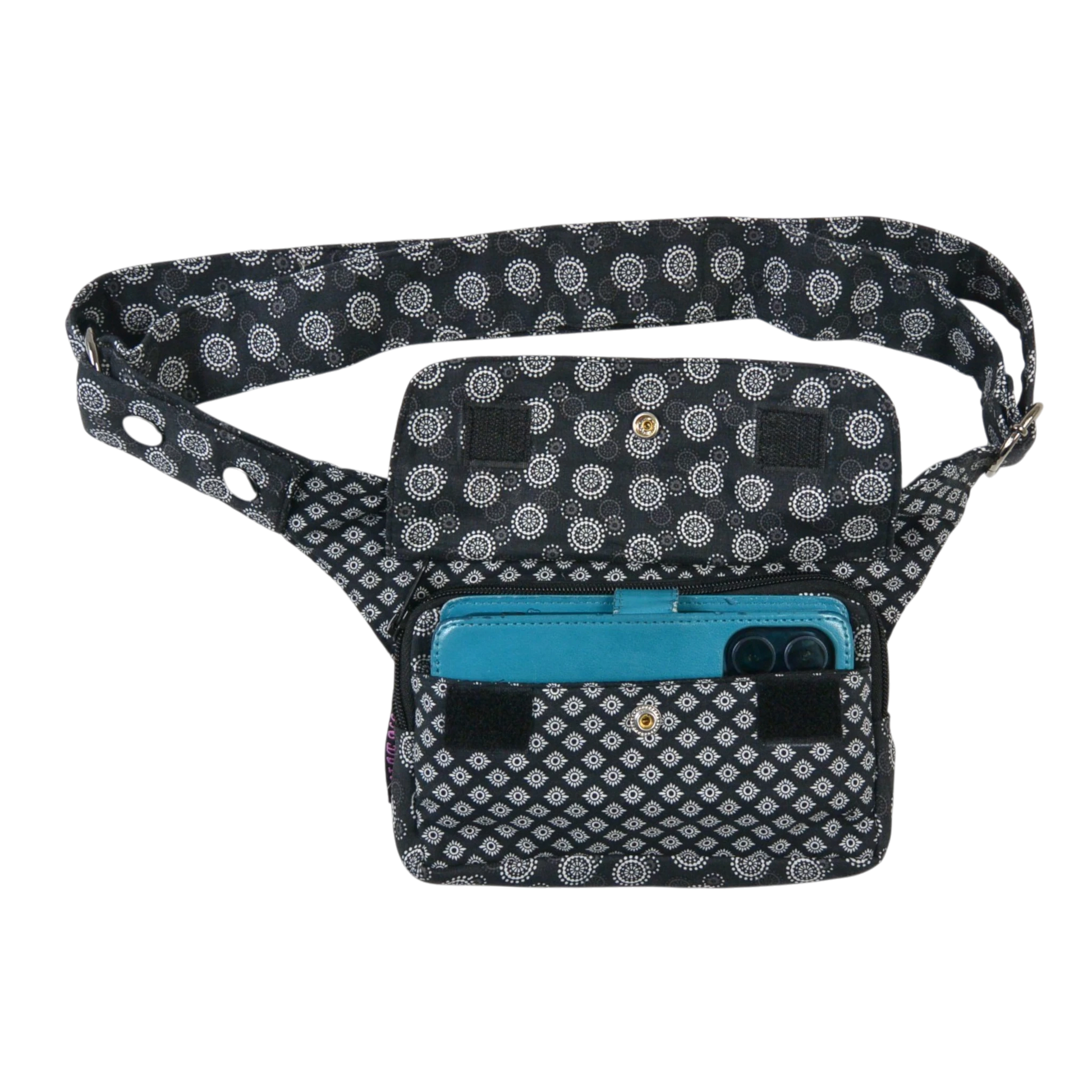 Nijens Bauchtasche in Grau-Schwarz mit weißem Muster, Frontansicht mit aufgesetztem Handyfach und verstellbarem Gurt.