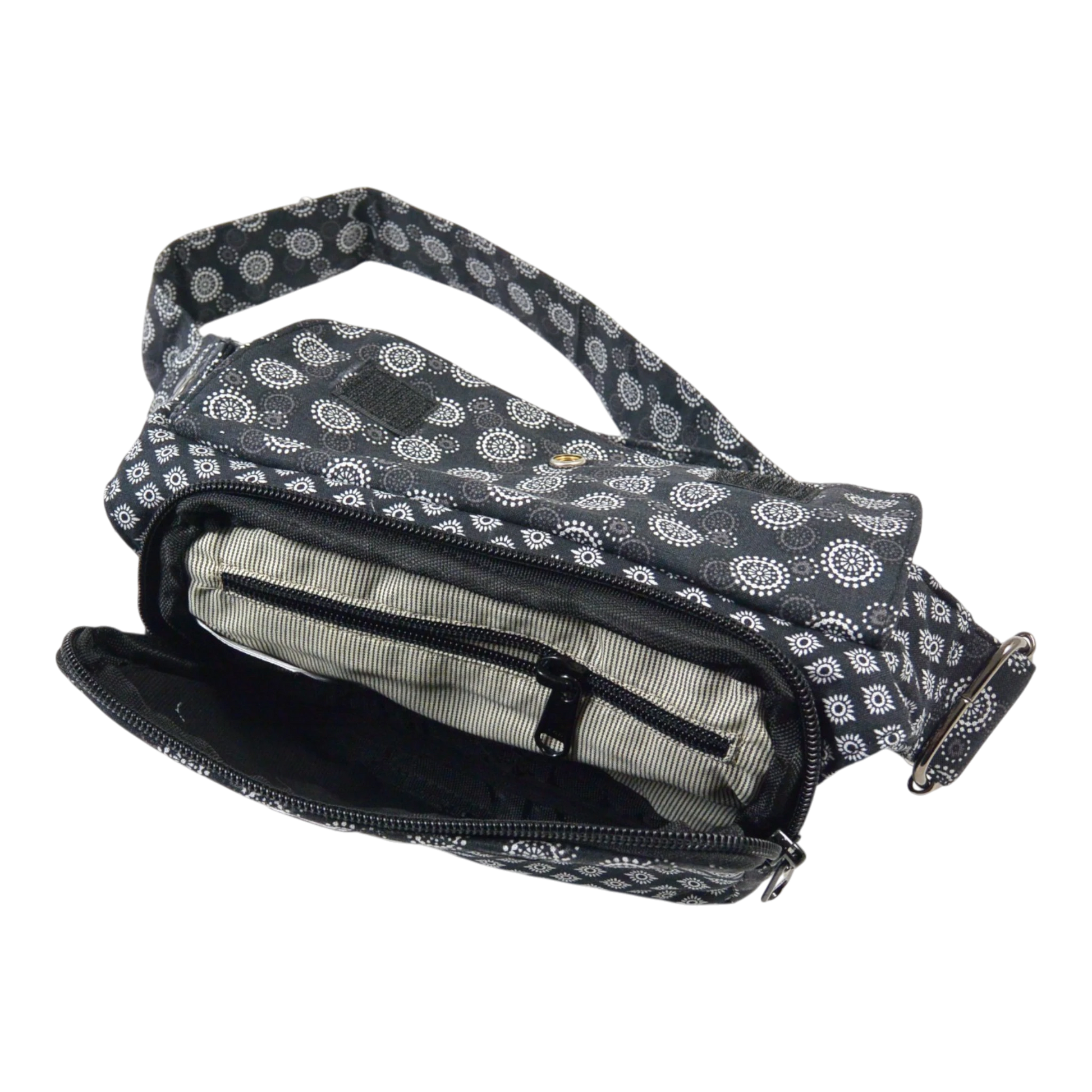 Nijens Bauchtasche aus 100% Baumwolle in Grau-Schwarz mit weißem Muster, Innenansicht mit aufgesetztem Reißverschlussfach