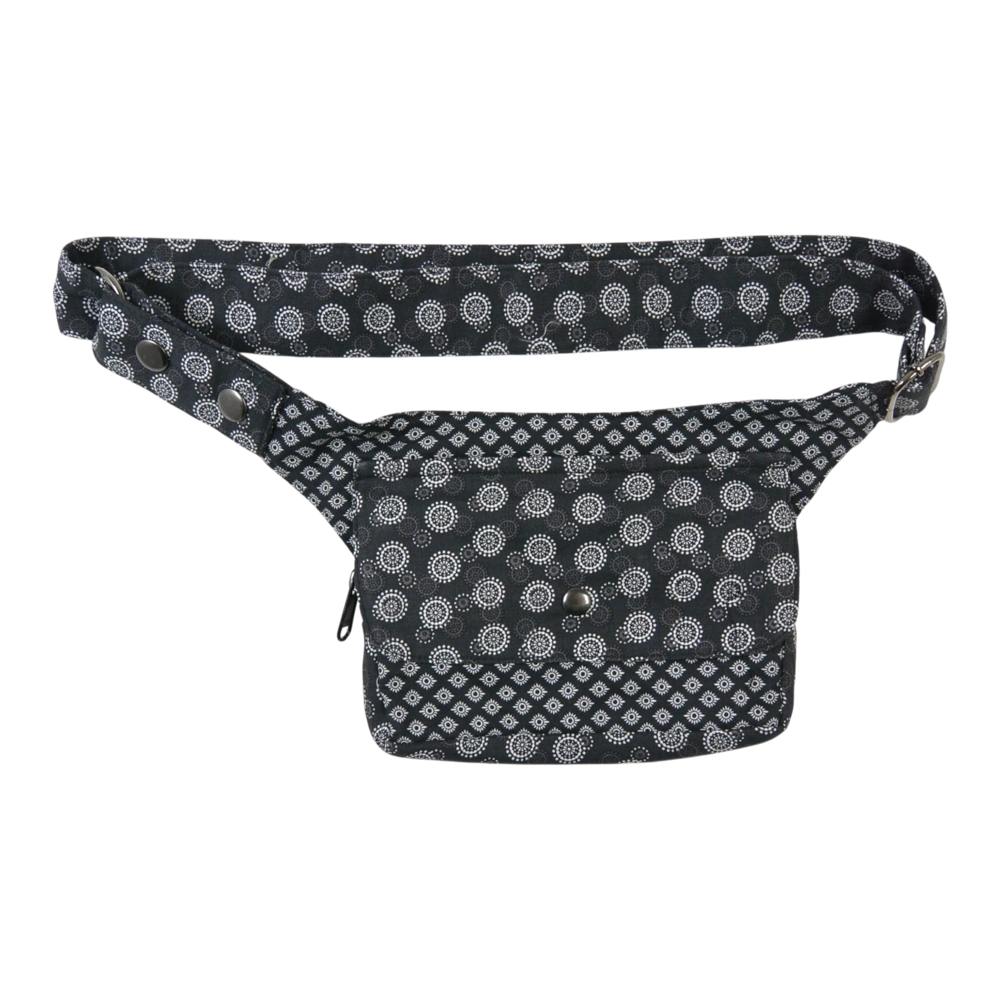 Nijens Bauchtasche aus 100% Baumwolle in Grau-Schwarz mit weißem Muster, Frontansicht