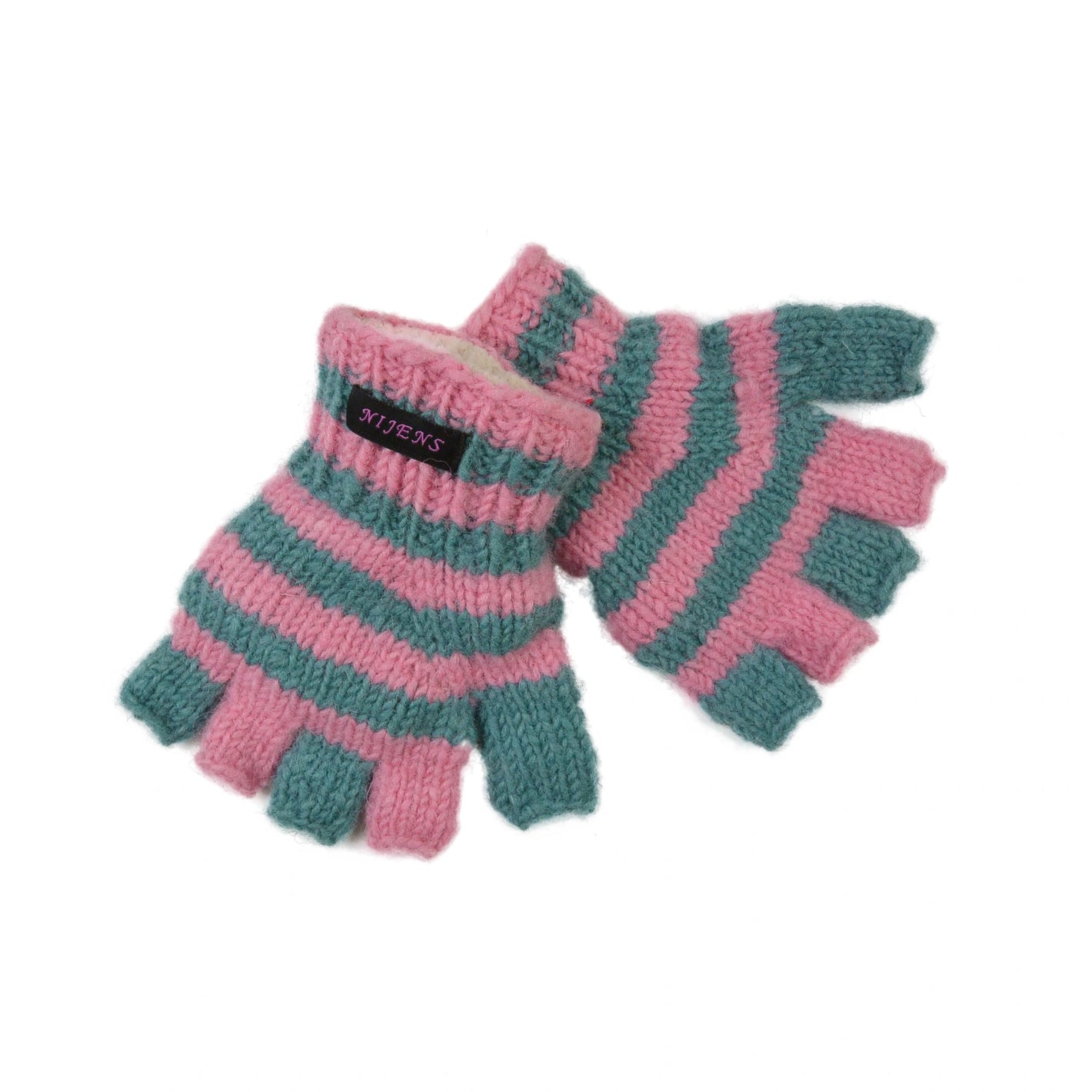Halbfinger Handschuhe für Kinder aus Wolle gestreift türkis-rosa.