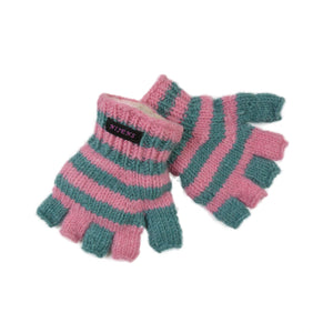 Halbfinger Handschuhe für Kinder aus Wolle gestreift türkis-rosa.