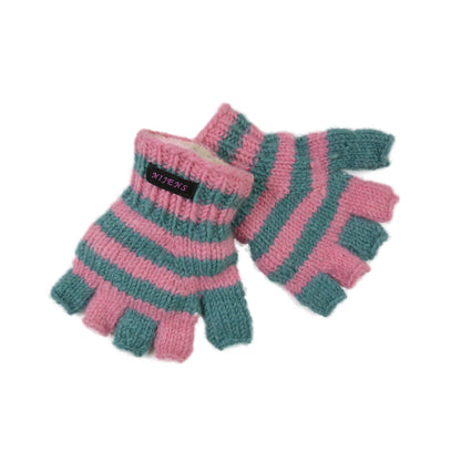 Halbfinger Handschuhe für Kinder aus Wolle gestreift türkis-rosa.