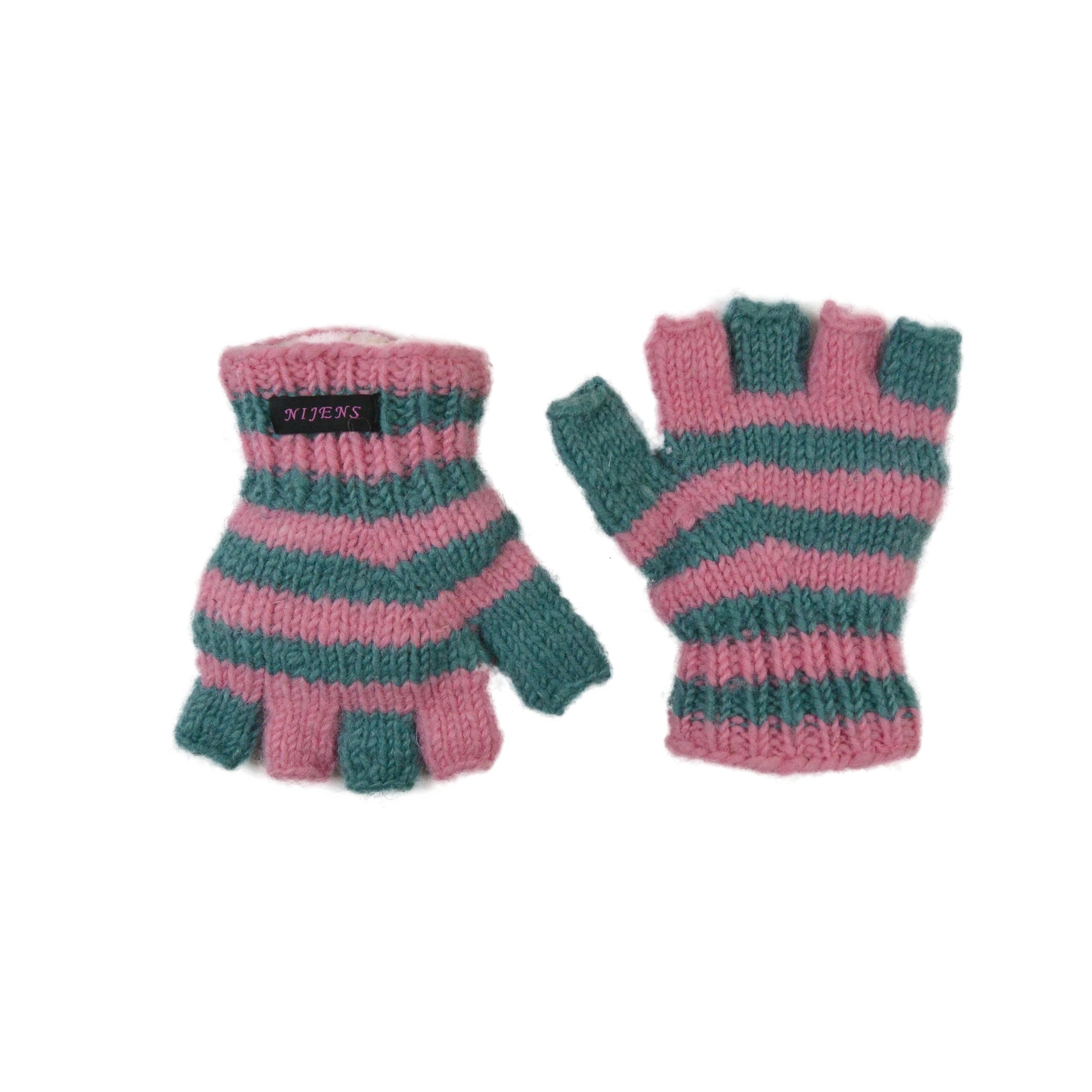 Halbfinger Handschuhe für Kinder aus Wolle gestreift türkis-rosa. Bild 2.