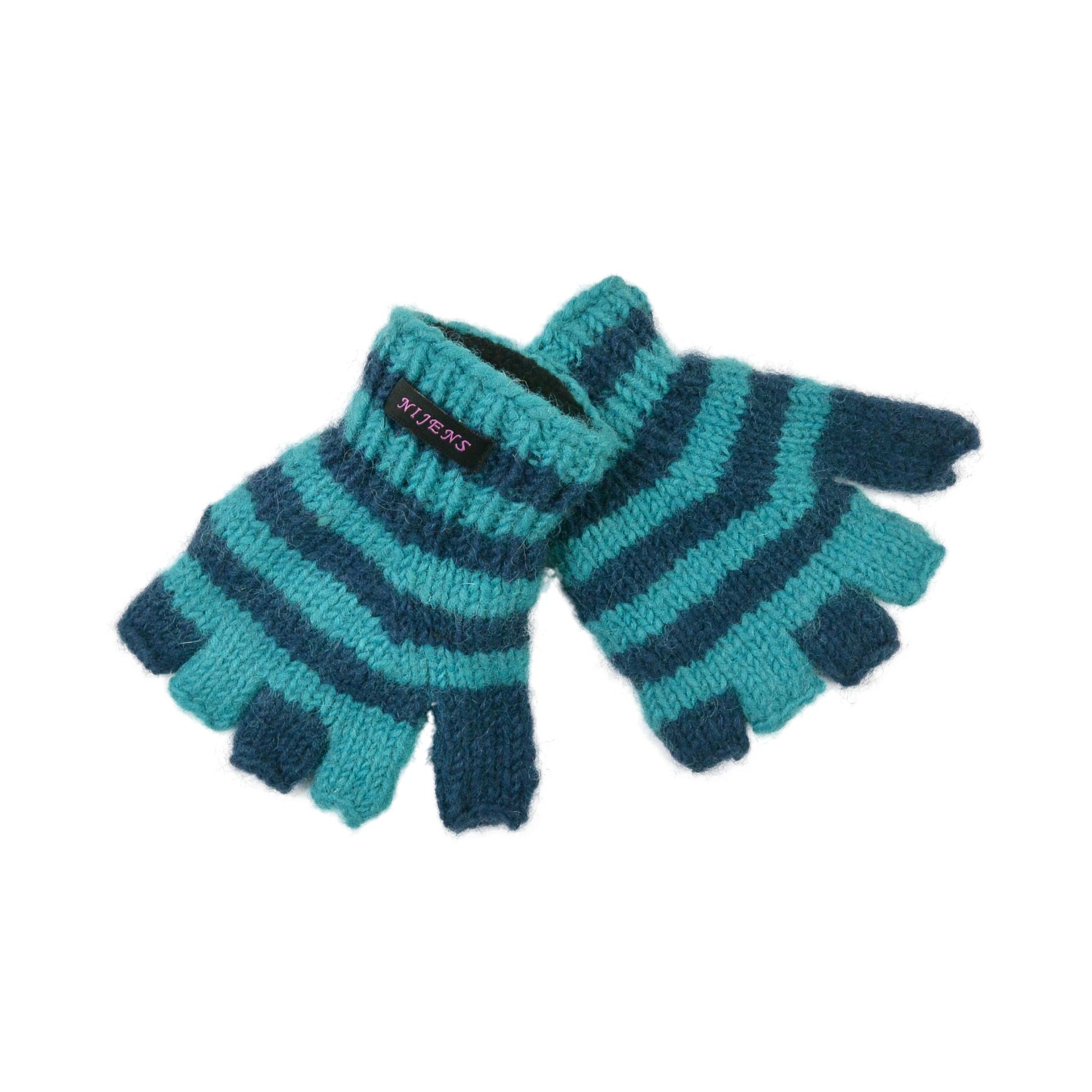 Halbfinger Handschuhe für Kinder aus Wolle gestreift türkis-blau.