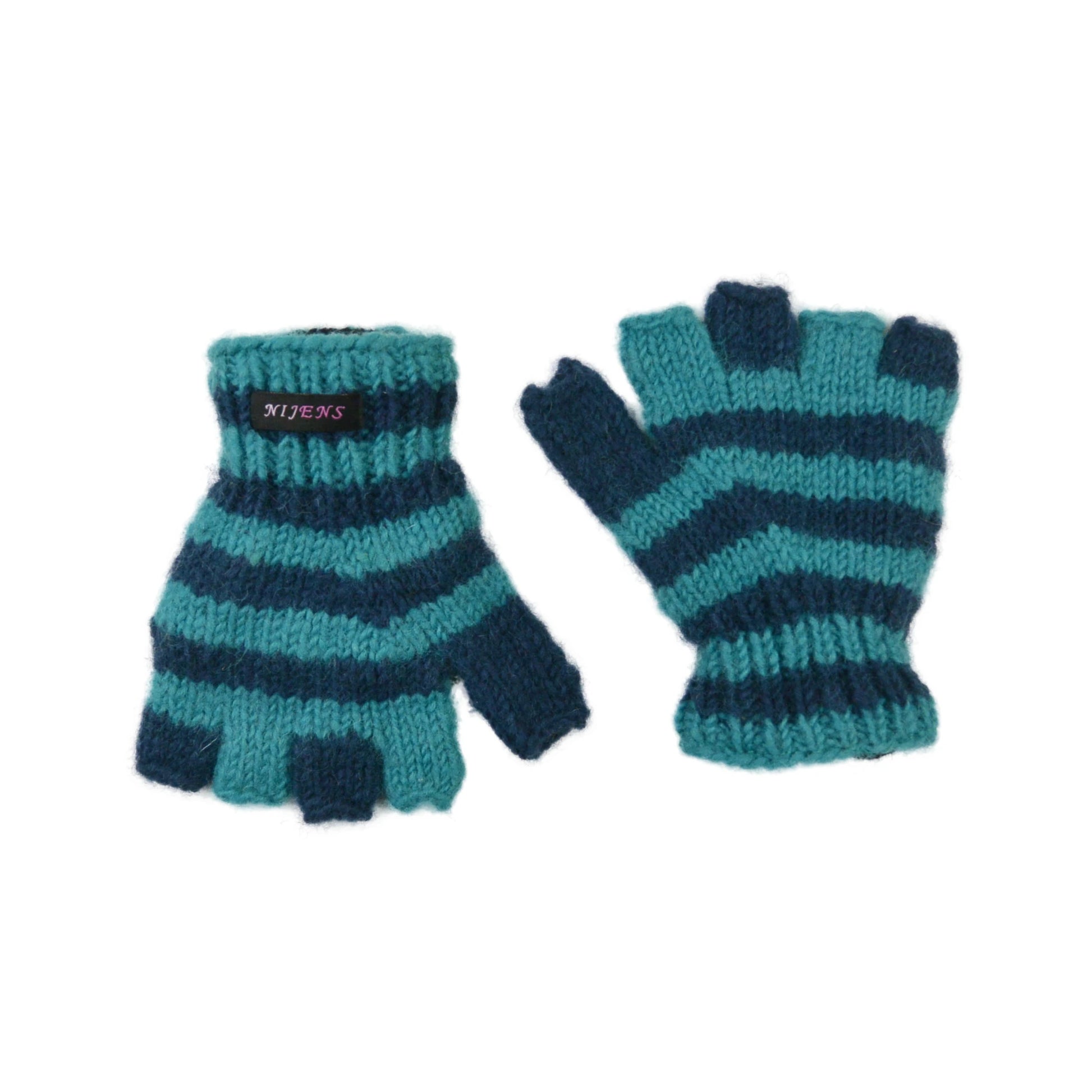 Halbfinger Handschuhe für Kinder aus Wolle gestreift türkis-blau. Bild 2