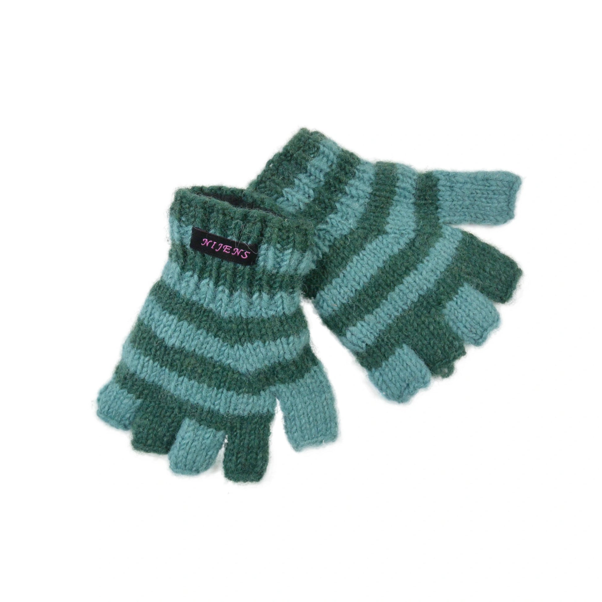 Halbfinger Handschuhe für Kinder aus Wolle gestreift türkis-grün.