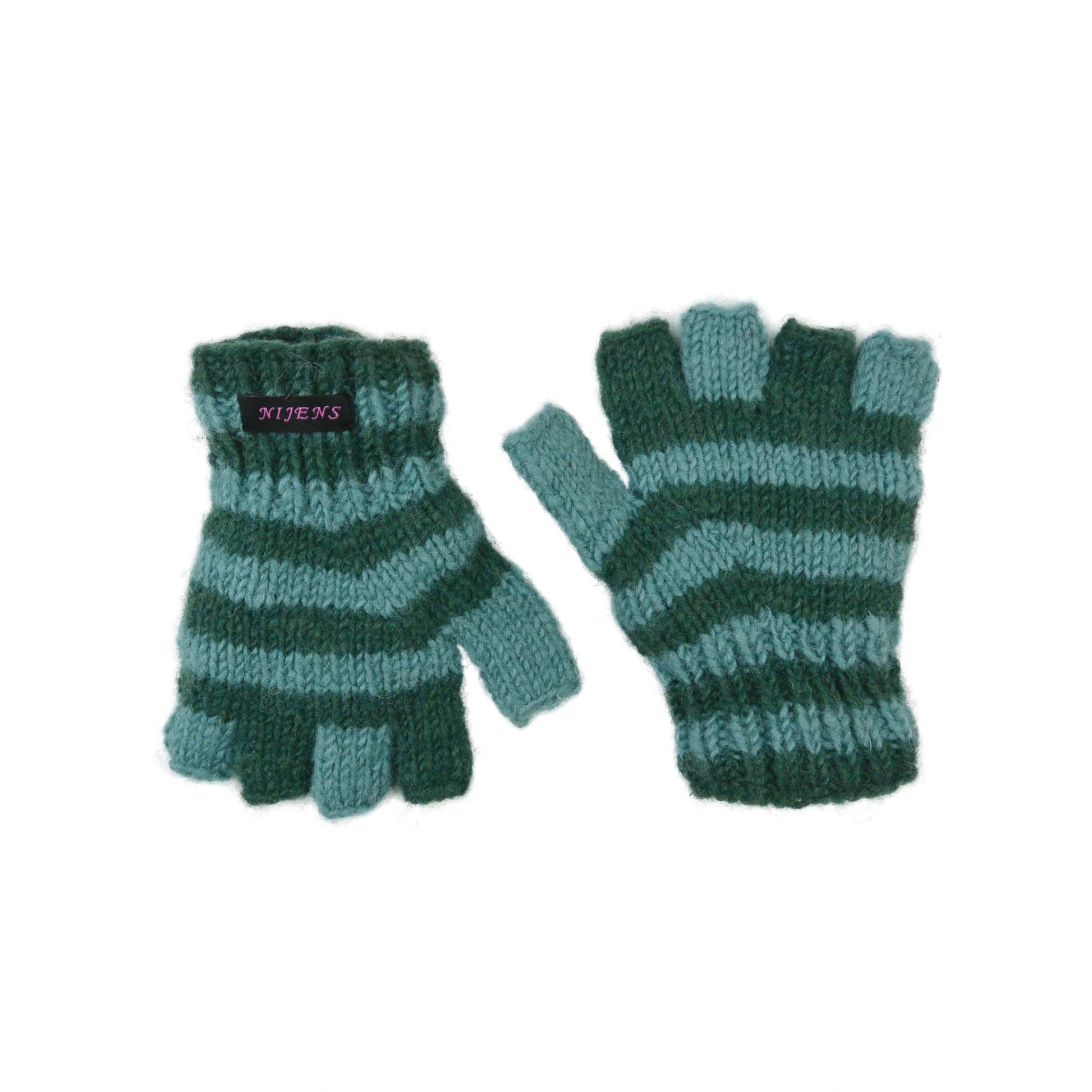 Halbfinger Handschuhe für Kinder aus Wolle gestreift türkis-grün. Bild 2