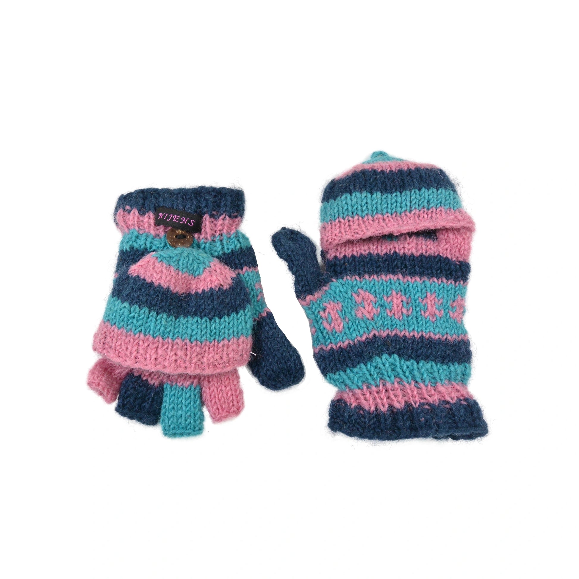 Fäustlinge für KINDER, Halbfinger Handschuhe mit Klappe aus Wolle gestreift blau-türkis-rosa.