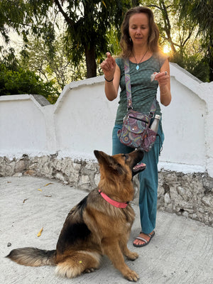 Frau trägt eine Umhängetasche in bunten Farben im Mandala Design – praktische Tasche mit mehreren Fächern. - Konstanz 71084 Nijens Shop