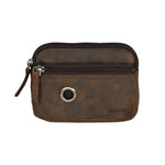 Kleine Beuteltasche aus echtem Leder in Dunkelbraun mit Gürtelschlaufen und mit zwei separaten Fächern. Hundekotbeutelspender aus Leder.