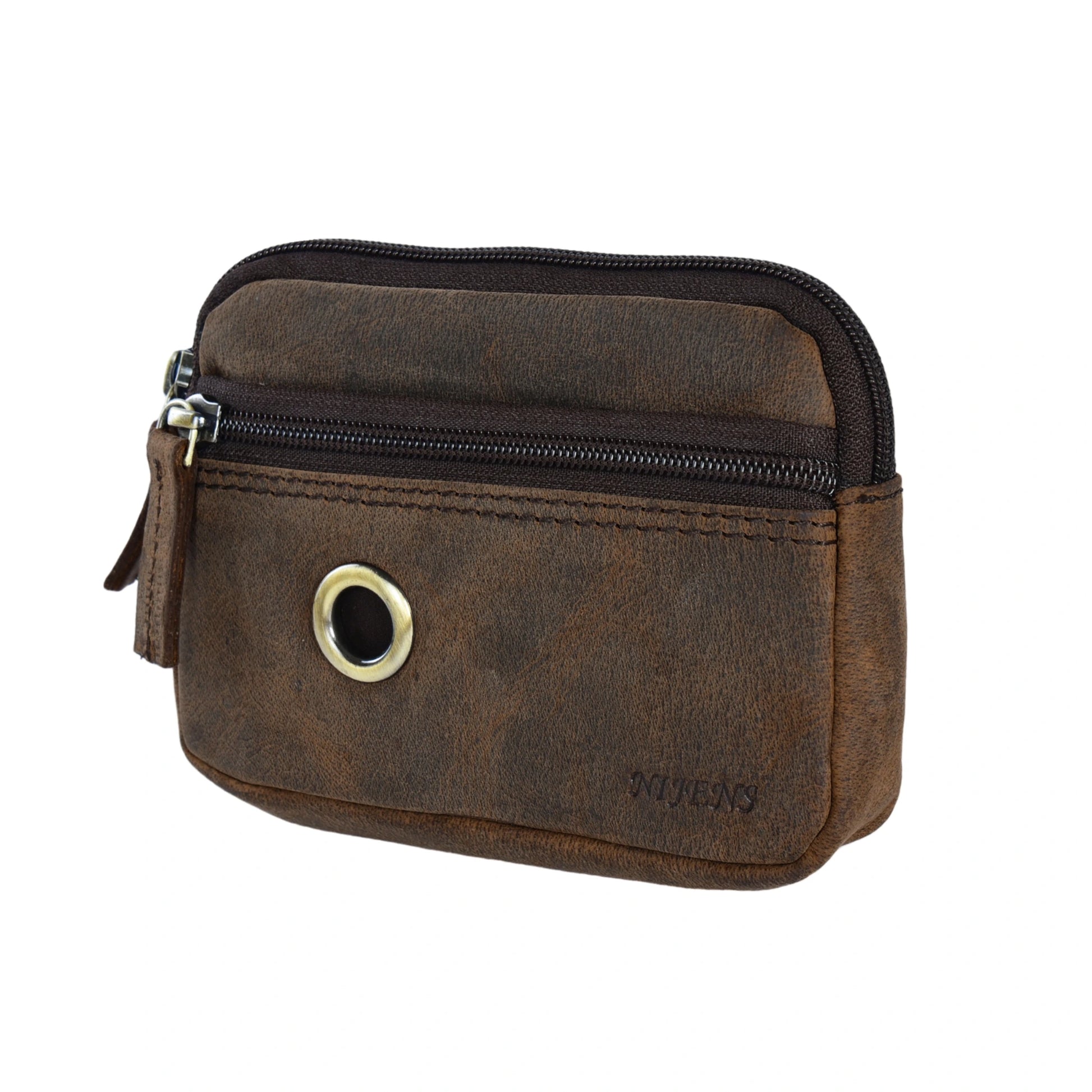 Kleine Beuteltasche aus echtem Leder in Dunkelbraun mit Gürtelschlaufen und mit zwei separaten Fächern. Hundekotbeutelspender aus Leder. Seitenansicht.
