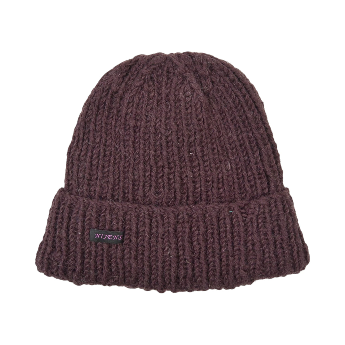 Nijens kurze Beanie Siraha in Schokobraun, handgestrickt aus 100 % Schurwolle mit breitem Umschlag und grober Strickstruktur