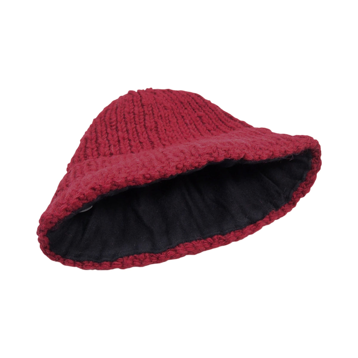 Innenansicht der handgestrickten Nijens Beanie Siraha aus 100 % Schurwolle Weinrot mit weichem grauem Baumwollfutter
