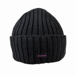 Kurze Nijens Beanie Tulsipur in Schwarz aus Schurwolle mit breitem Umschlag und Rippstrickmuster.