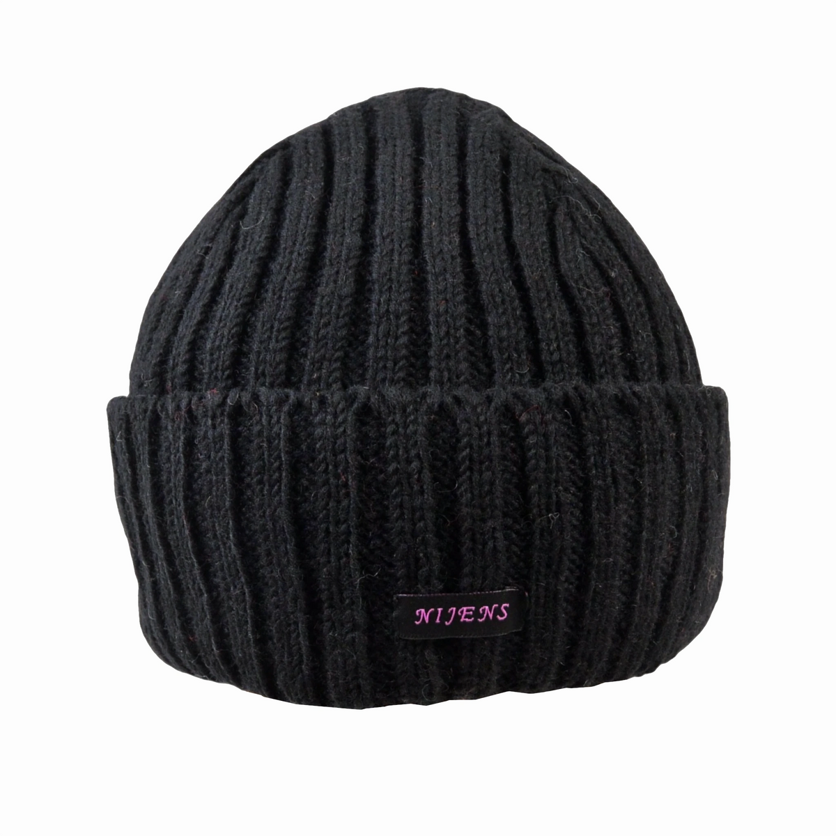 Kurze Nijens Beanie Tulsipur in Schwarz aus Schurwolle mit breitem Umschlag und Rippstrickmuster.