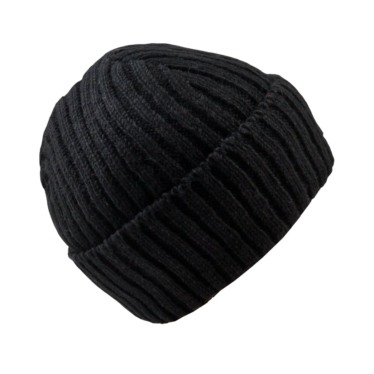 Kurze Nijens Beanie Tulsipur in Schwarz aus Schurwolle mit breitem Umschlag und Rippstrickmuster. Seitenansicht.