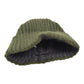 Kurze Nijens Beanie Tulsipur in Dunkeloliv aus Schurwolle mit breitem Umschlag und Rippstrickmuster. Innenansicht.