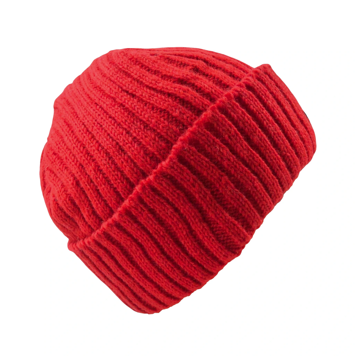 Einfarbige Nijens Strickmütze Tulsipur in Rot mit breitem Umschlag und klassischem Rippstrick. Setenansicht.