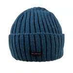Kurze Beanie-Mütze Tulsipur in Petrol aus 100 % Schurwolle mit Umschlag.