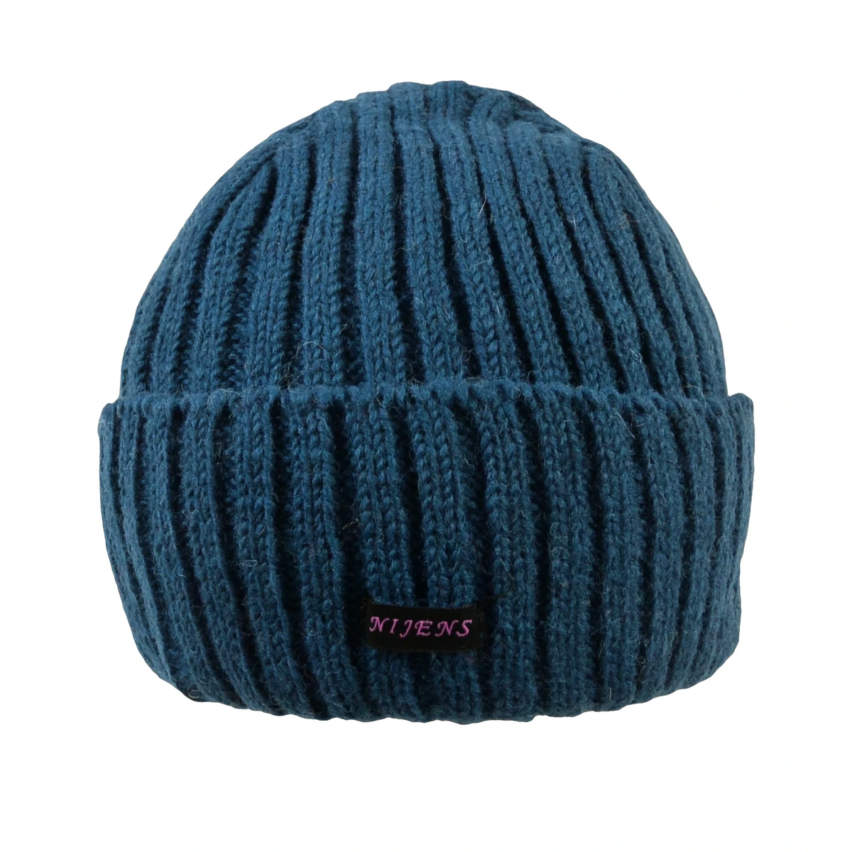 Kurze Beanie-Mütze Tulsipur in Petrol aus 100 % Schurwolle mit Umschlag.