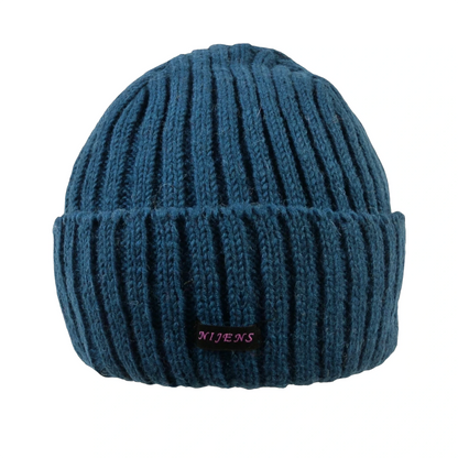 Kurze Beanie-Mütze Tulsipur in Petrol aus 100 % Schurwolle mit Umschlag.