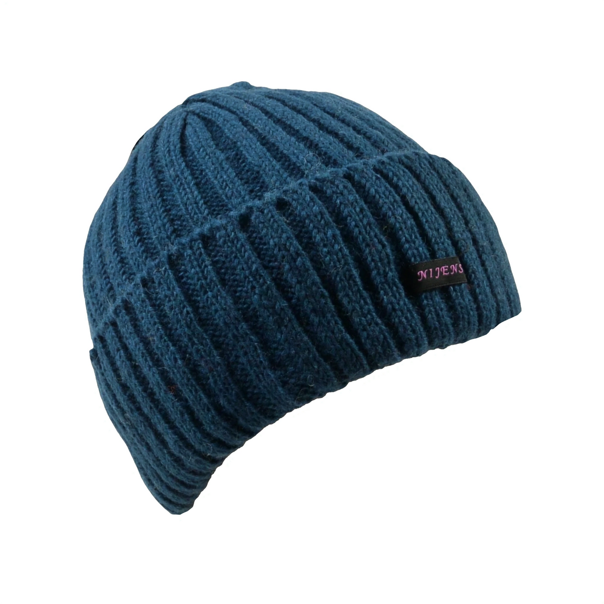 Kurze Beanie-Mütze Tulsipur in Petrol aus 100 % Schurwolle mit Umschlag. Seitenansicht.