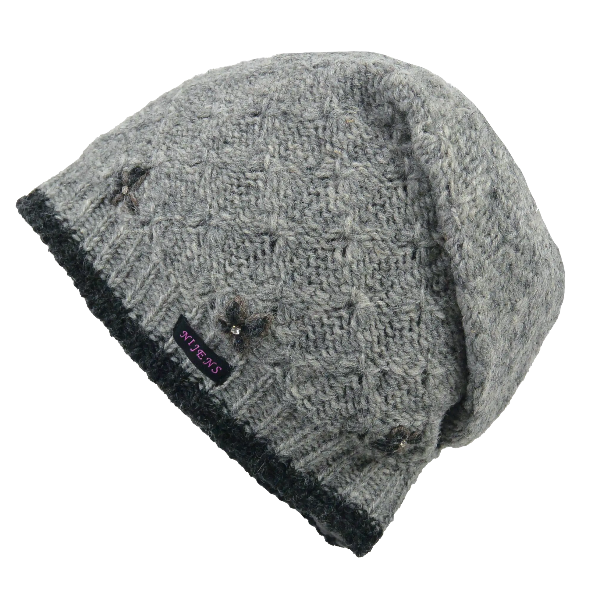 Long Beanie Mütze, Wollmütze mit Strickmuster aus 100% Schurwolle Grau. Kleine Stickblumen mit Straßsteinchen verzieren den Mützenrand.