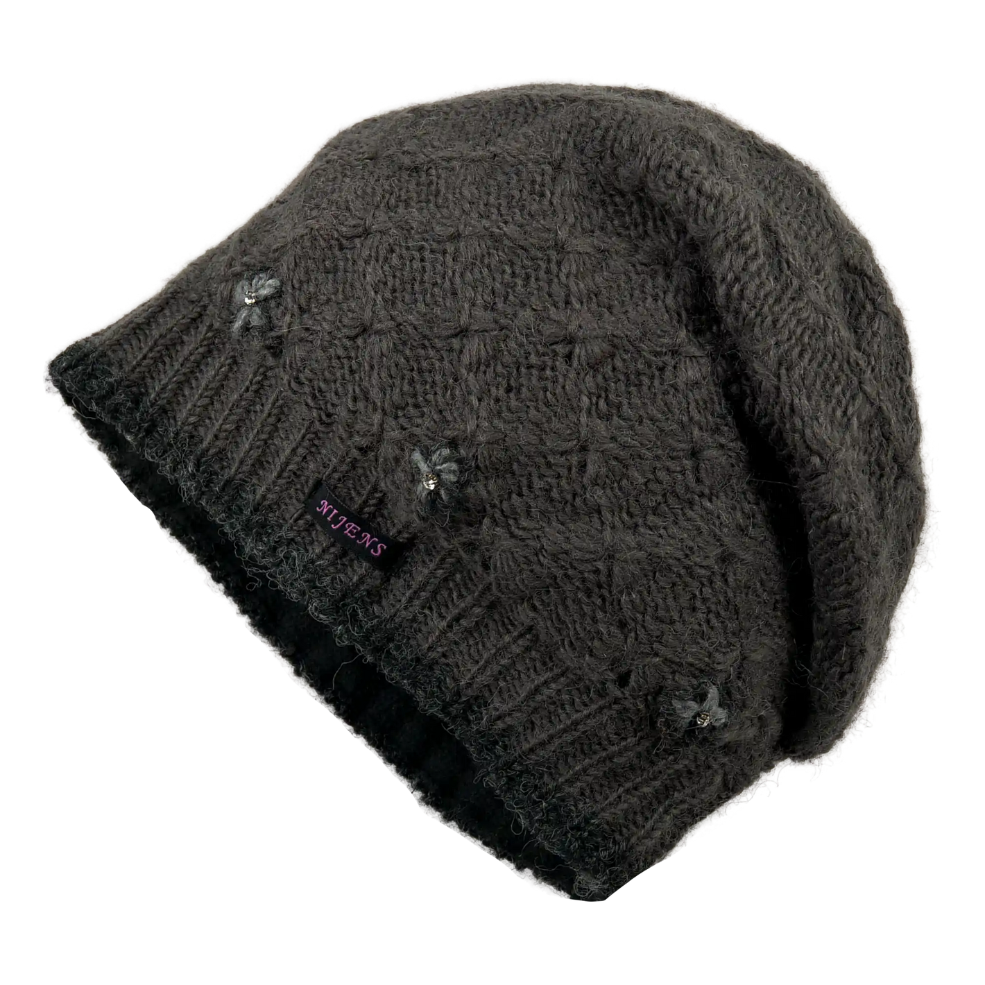Long Beanie Mütze, Wollmütze mit Strickmuster aus 100% Schurwolle Dunkelgrau. Kleine Stickblumen mit Straßsteinchen verzieren den Mützenrand.