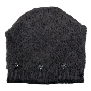 Long Beanie Mütze, Wollmütze mit Strickmuster aus 100% Schurwolle Dunkelgrau. Kleine Stickblumen mit Straßsteinchen verzieren den Mützenrand. Mützenzipfel ist am Hinterkopf fixiert.
