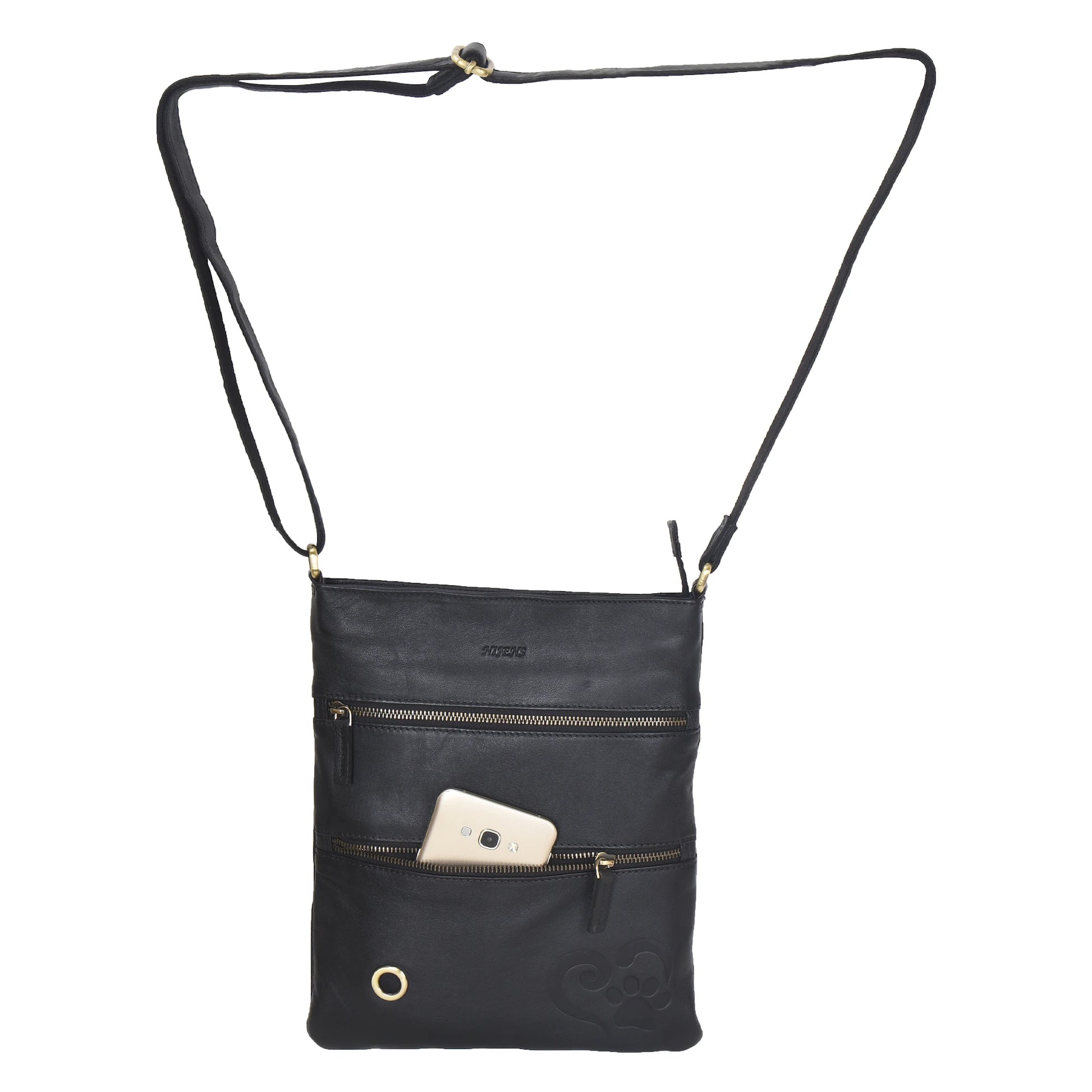 Gassi-Umhängetasche aus schlichtem Leder Pfote&Herzprägung, zwei Frontfächer mit Reißverschluss und verstellbaren Umhängegurt