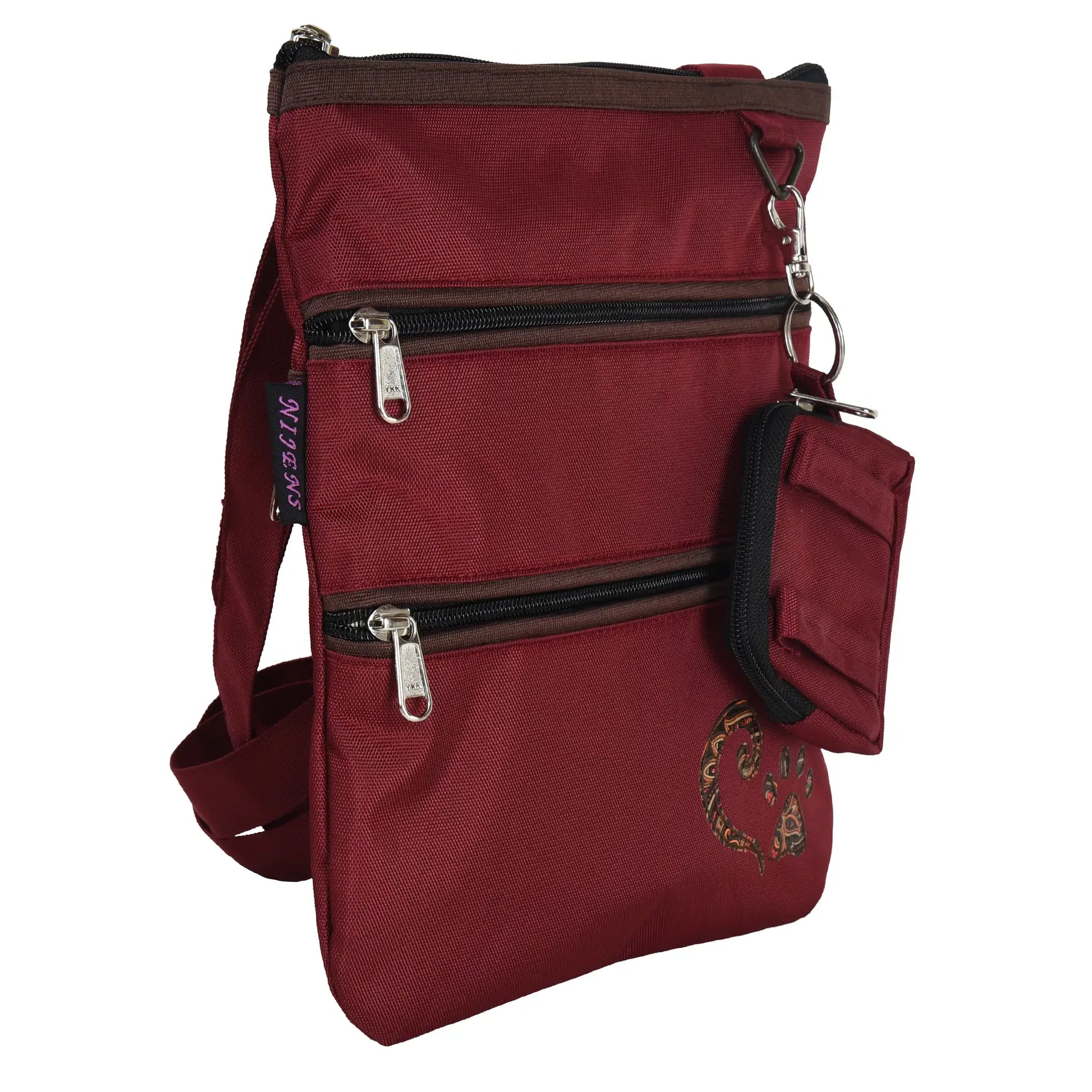 Gassi-Umhängetasche aus wasserabweisenden Stoff Rot mit Pfote Herz Applikation, mit 4 Reißverschlusstaschen und einer extra kleinen Beuteltasche für Hundekotbeutel zum Anhängen.