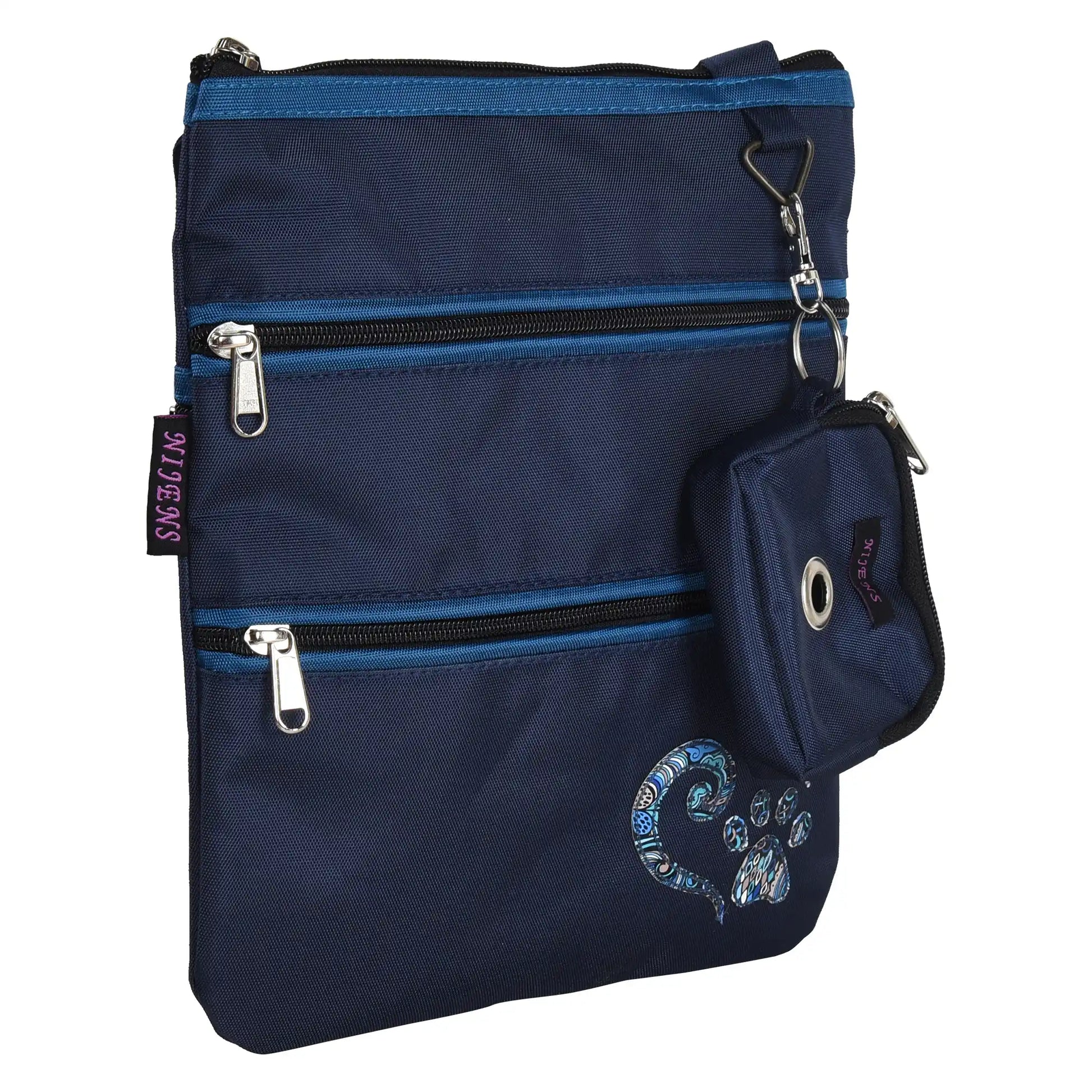 Gassi-Umhängetasche aus wasserabweisenden Stoff Marinablau mit Pfote Herz Applikation, mit 4 Reißverschlusstaschen und einer extra kleinen Beuteltasche für Hundekotbeutel zum Anhängen.