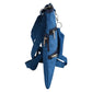 Seitenansicht von Gassi-Umhängetasche aus wasserabweisenden Stoff Blau mit Pfote Herz Applikation, mit 4 Reißverschlusstaschen und einer extra kleinen Beuteltasche für Hundekotbeutel zum Anhängen.