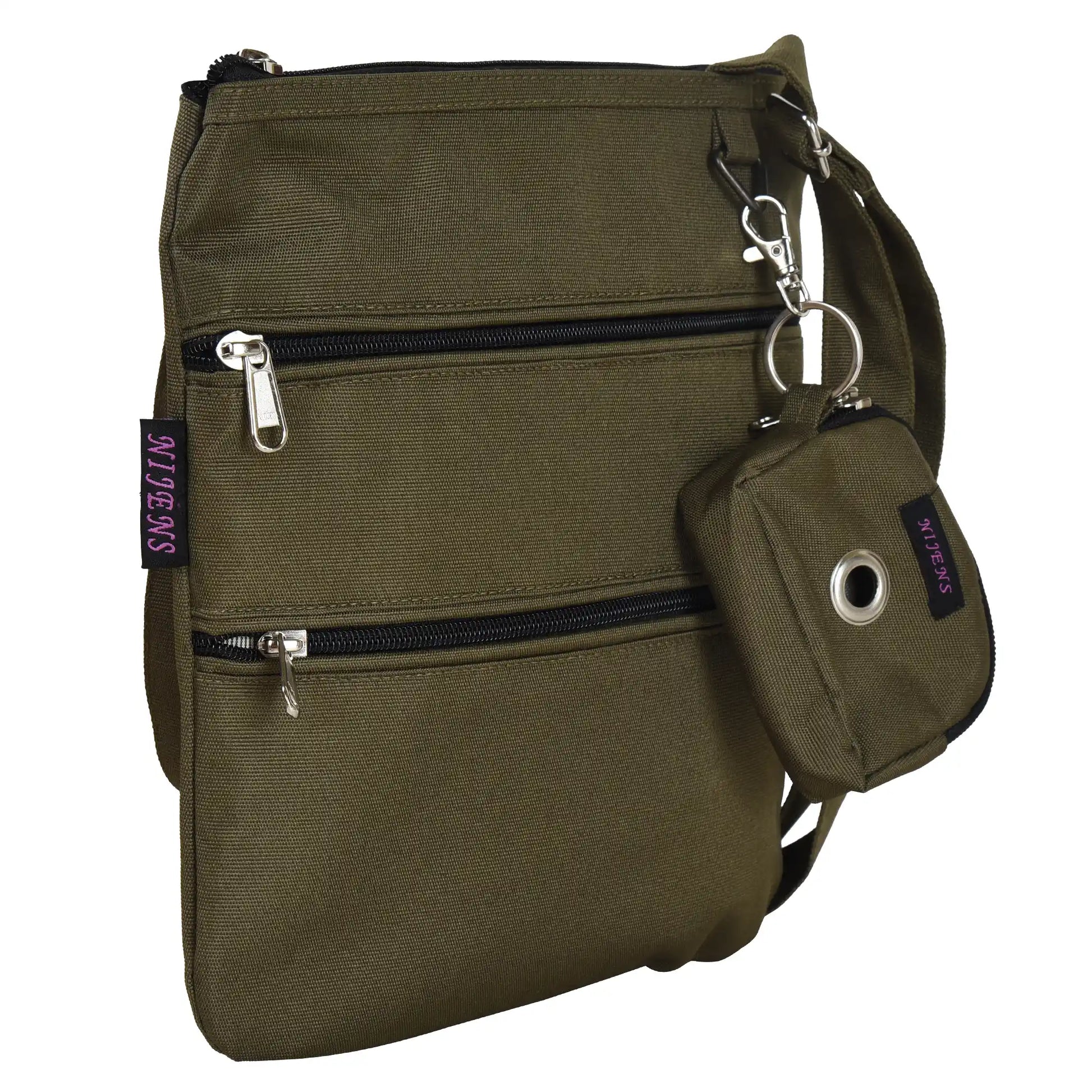 Seitenansicht von Gassi-Umhängetasche aus wasserabweisenden Stoff Khaki mit 4 Reißverschlusstaschen und einer extra kleinen Beuteltasche für Hundekotbeutel zum Anhängen.