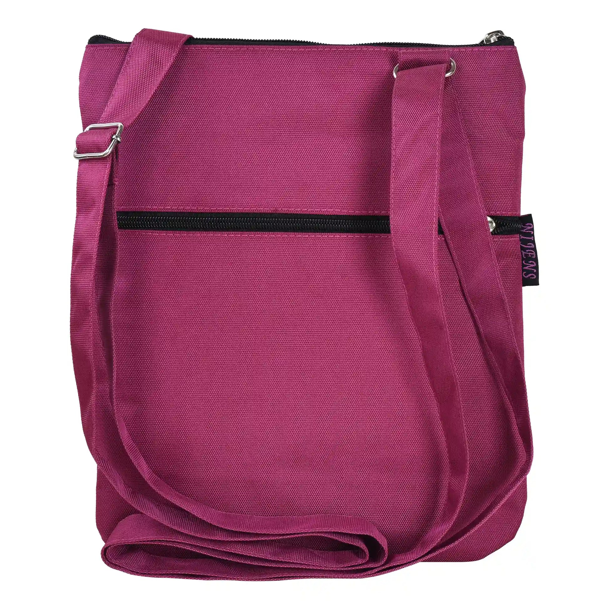 Gassi-Umhängetasche aus wasserabweisenden Stoff Pink mit großem Reißverschlussfach für Wertsachen und kleinem Reißverschlussfach hinten. 