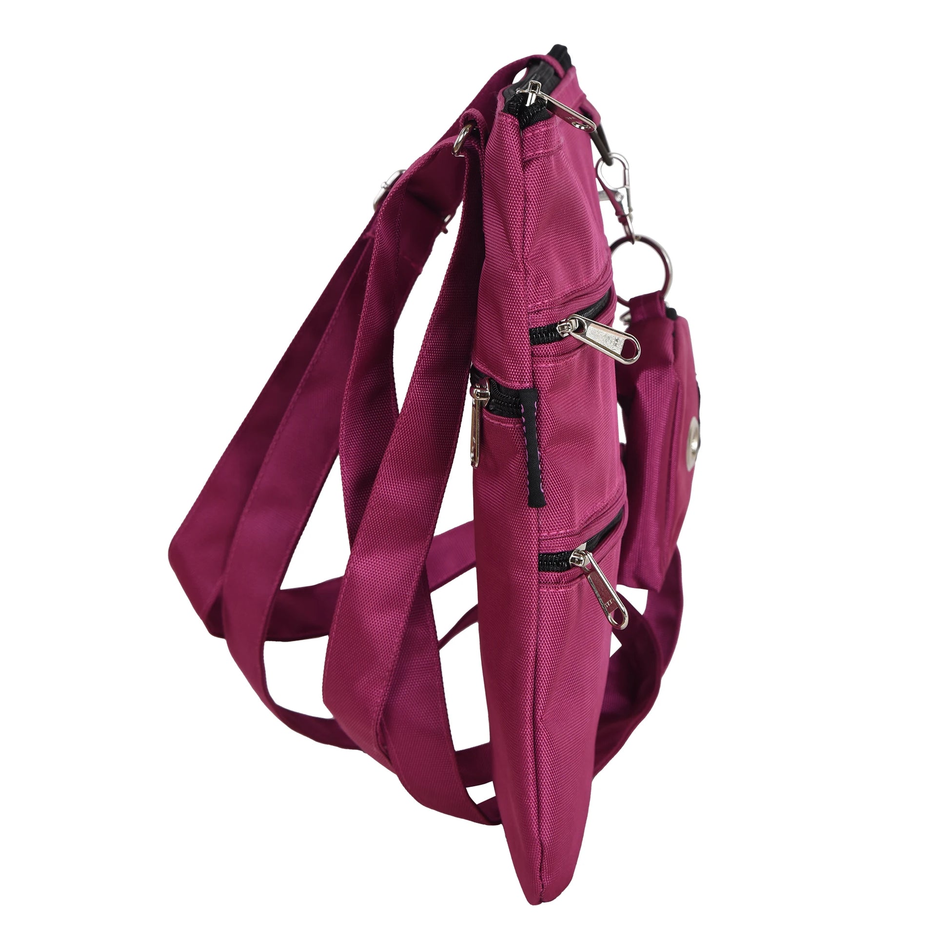 Seitenansicht von Gassi-Umhängetasche aus wasserabweisenden Stoff Pink mit 4 Reißverschlusstaschen und einer extra kleinen Beuteltasche für Hundekotbeutel zum Anhängen.